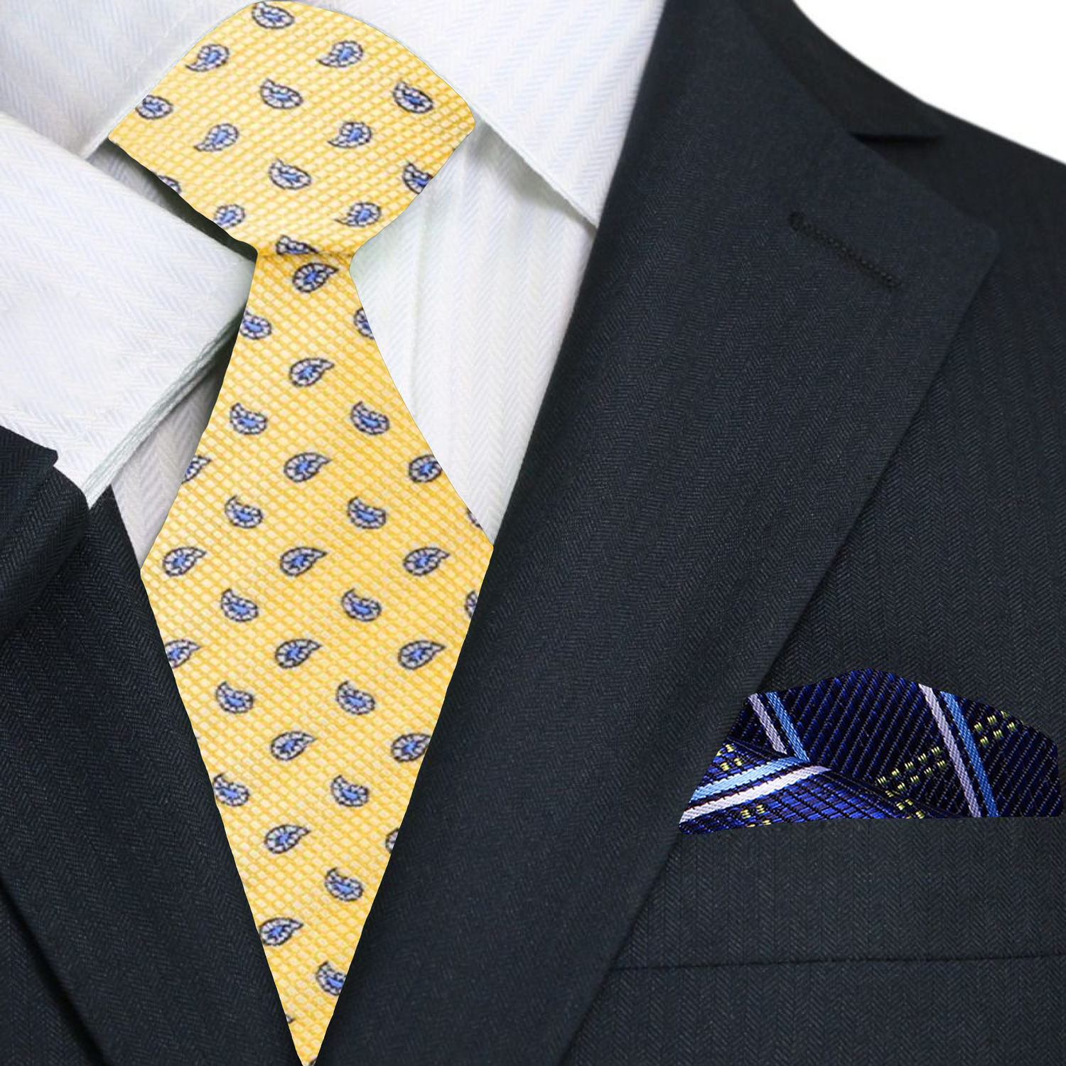Close-up of vibrant yellow paisley silk tie with intricate pattern