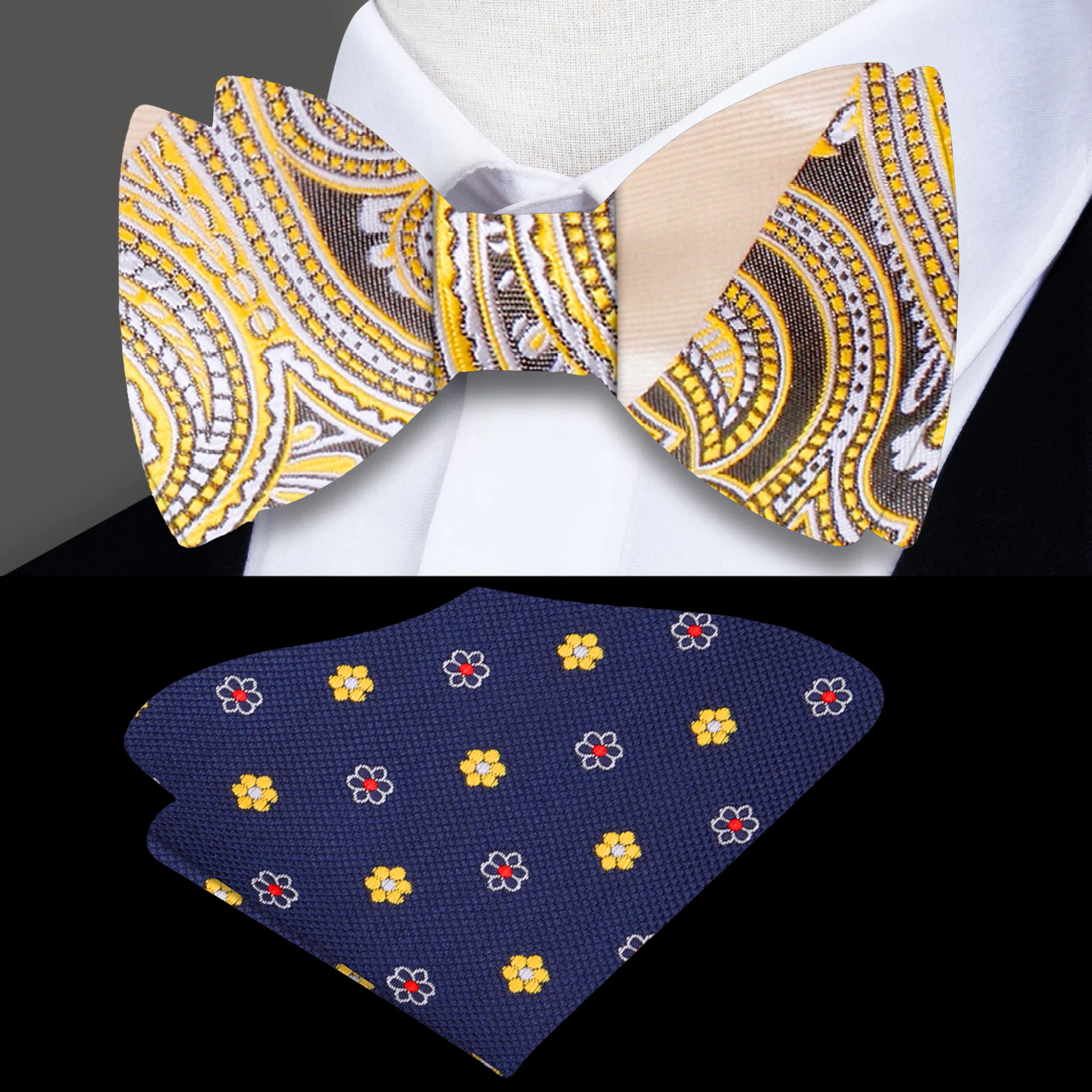 Close-up of yellow paisley silk bow tie with detailed pattern