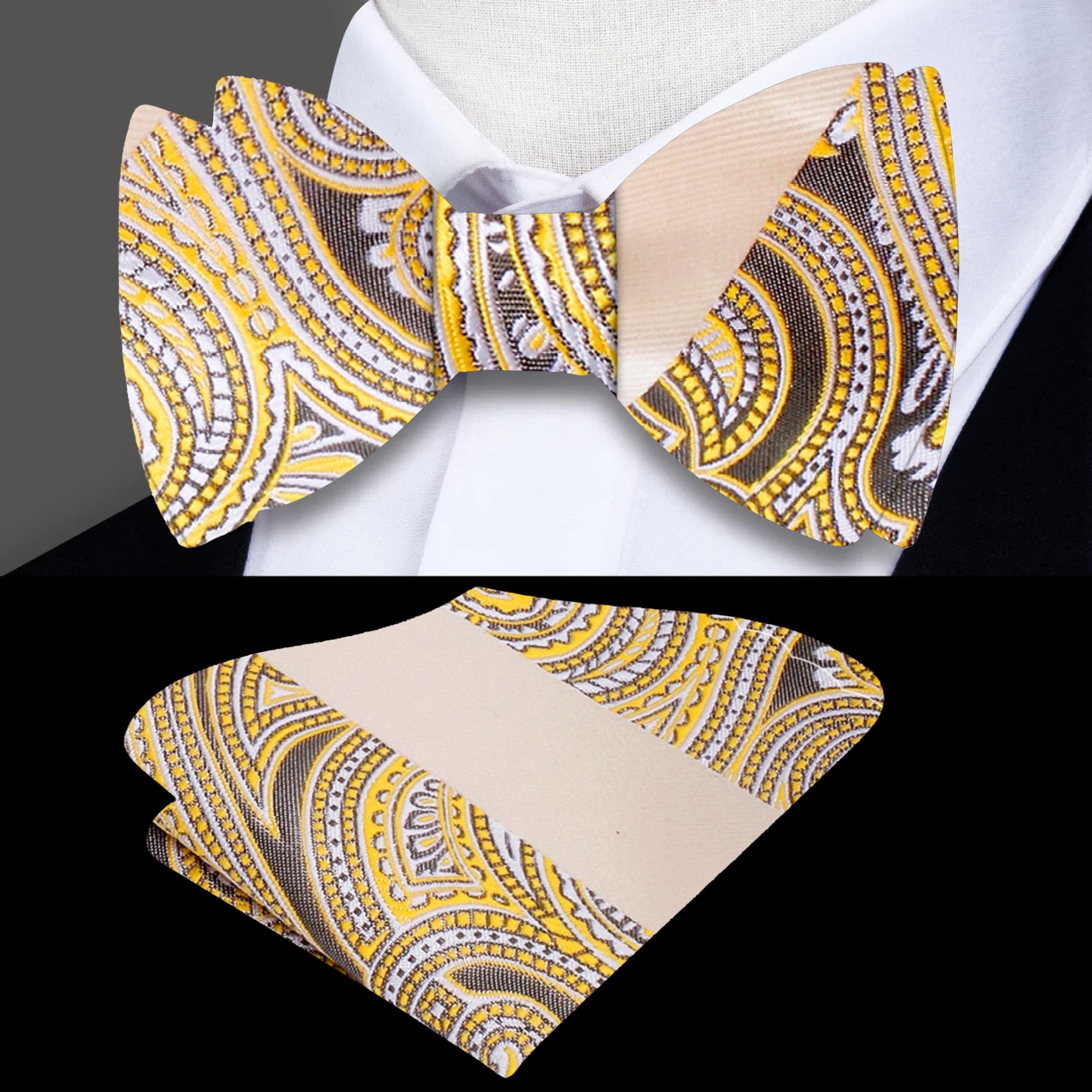 Man wearing a formal paisley bow tie at a wedding