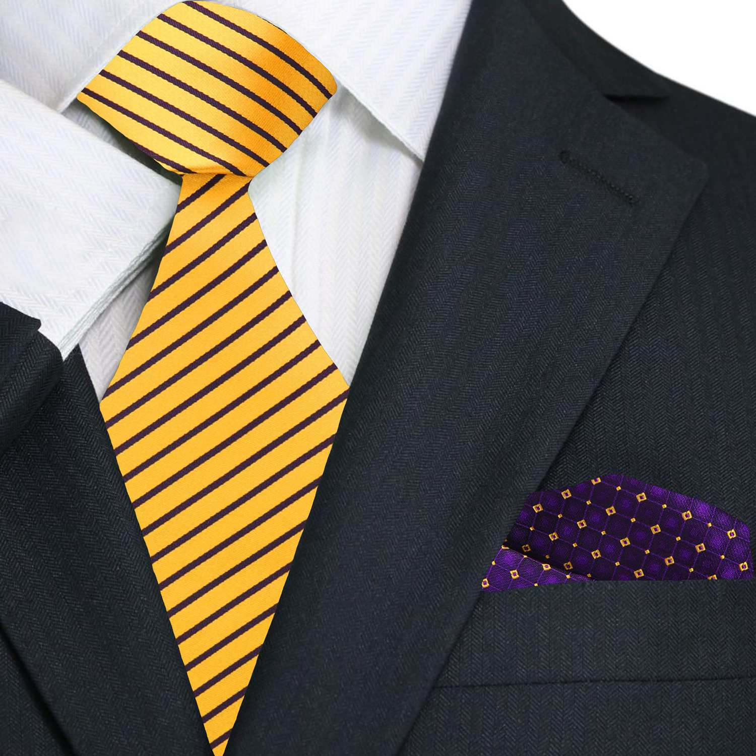 Man wearing a yellow striped tie with purple accents paired with a navy suit for a wedding or business meeting.