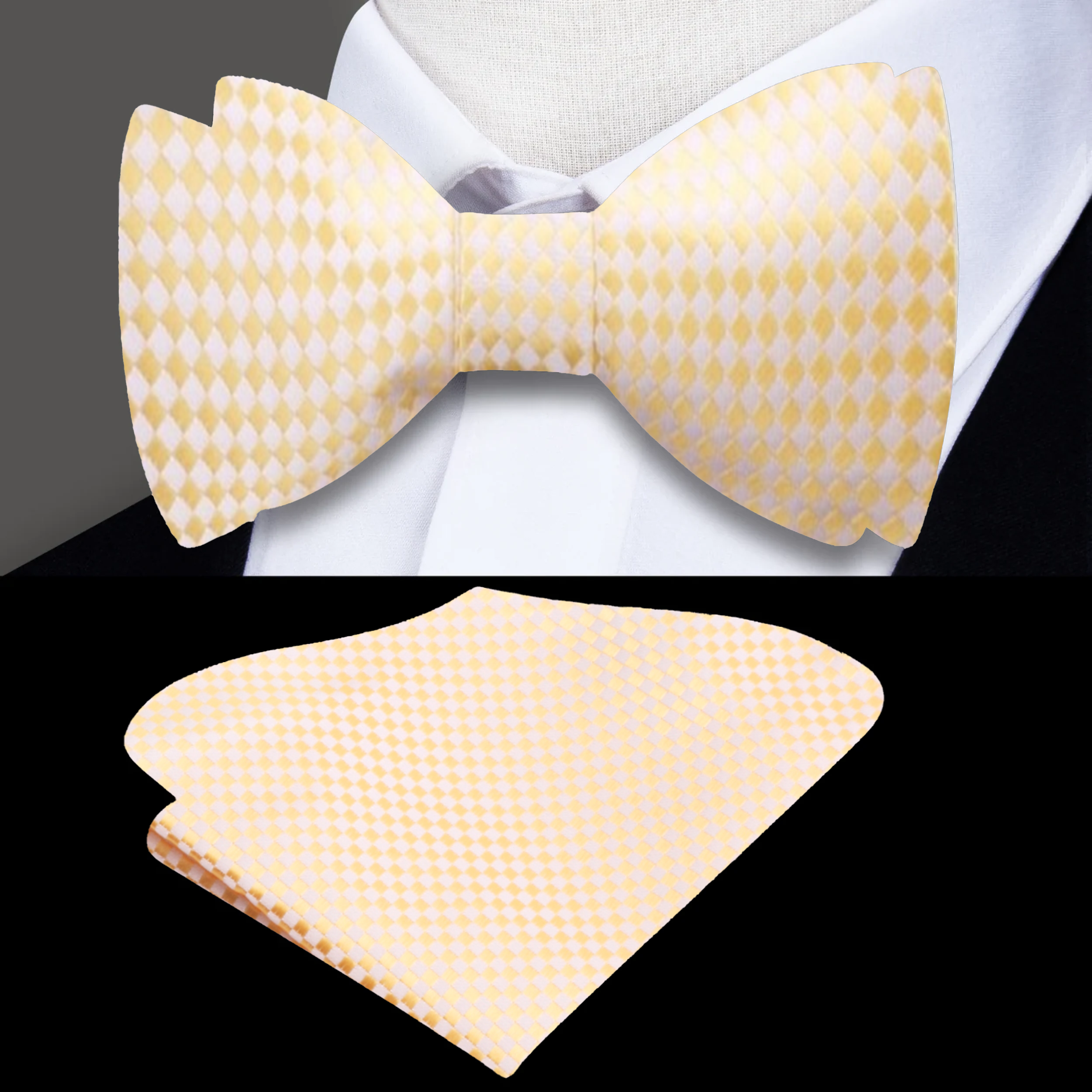 Front view of light gold geometric diamond texture bow tie for formal occasions