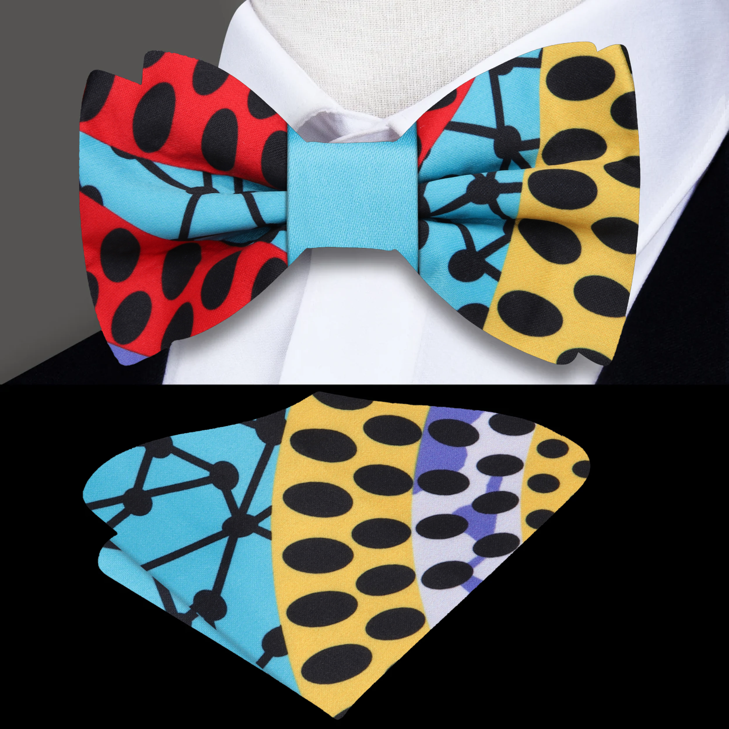 Vibrant Kente bow tie showcasing geometric patterns in yellow and red, ideal for formal events.
