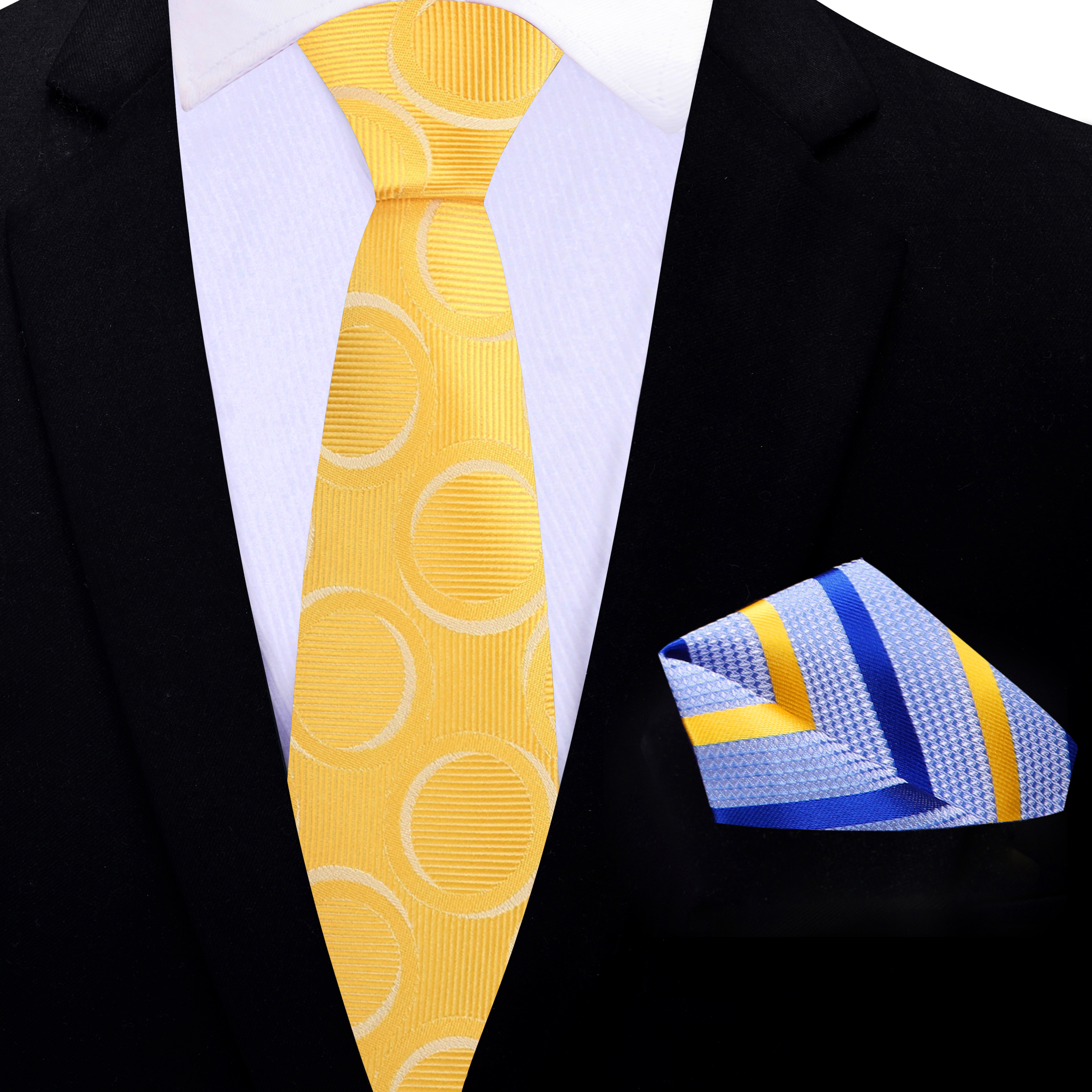 Thornebury necktie displayed with a navy suit, emphasizing its vibrant colors for formal occasions.