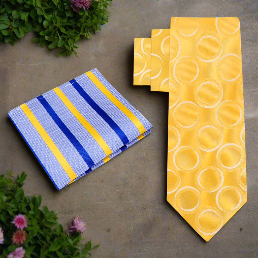 Close-up of Thornebury Vibrant Silk Necktie showcasing its cheerful yellow and white circular rings pattern.