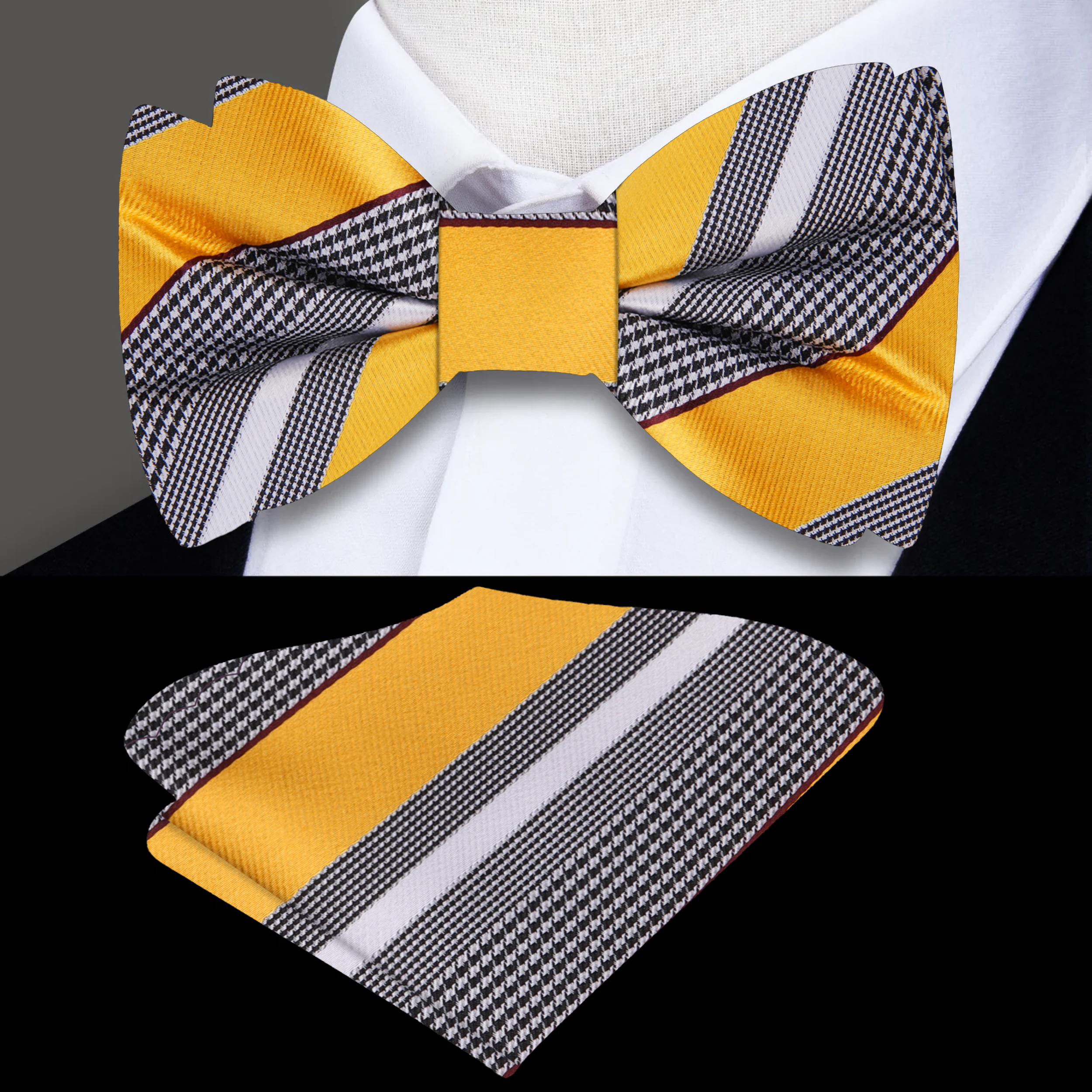 Yellow striped bow tie with pocket square, perfect for weddings