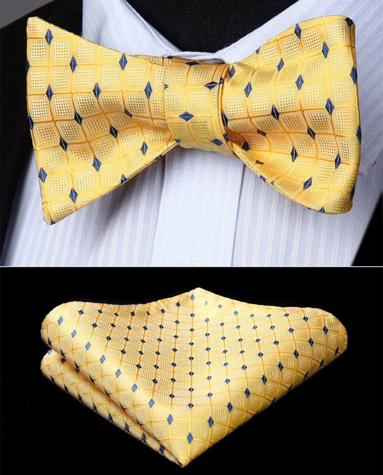 Close-up of yellow geometric self-tie bow tie in silk with diamond pattern