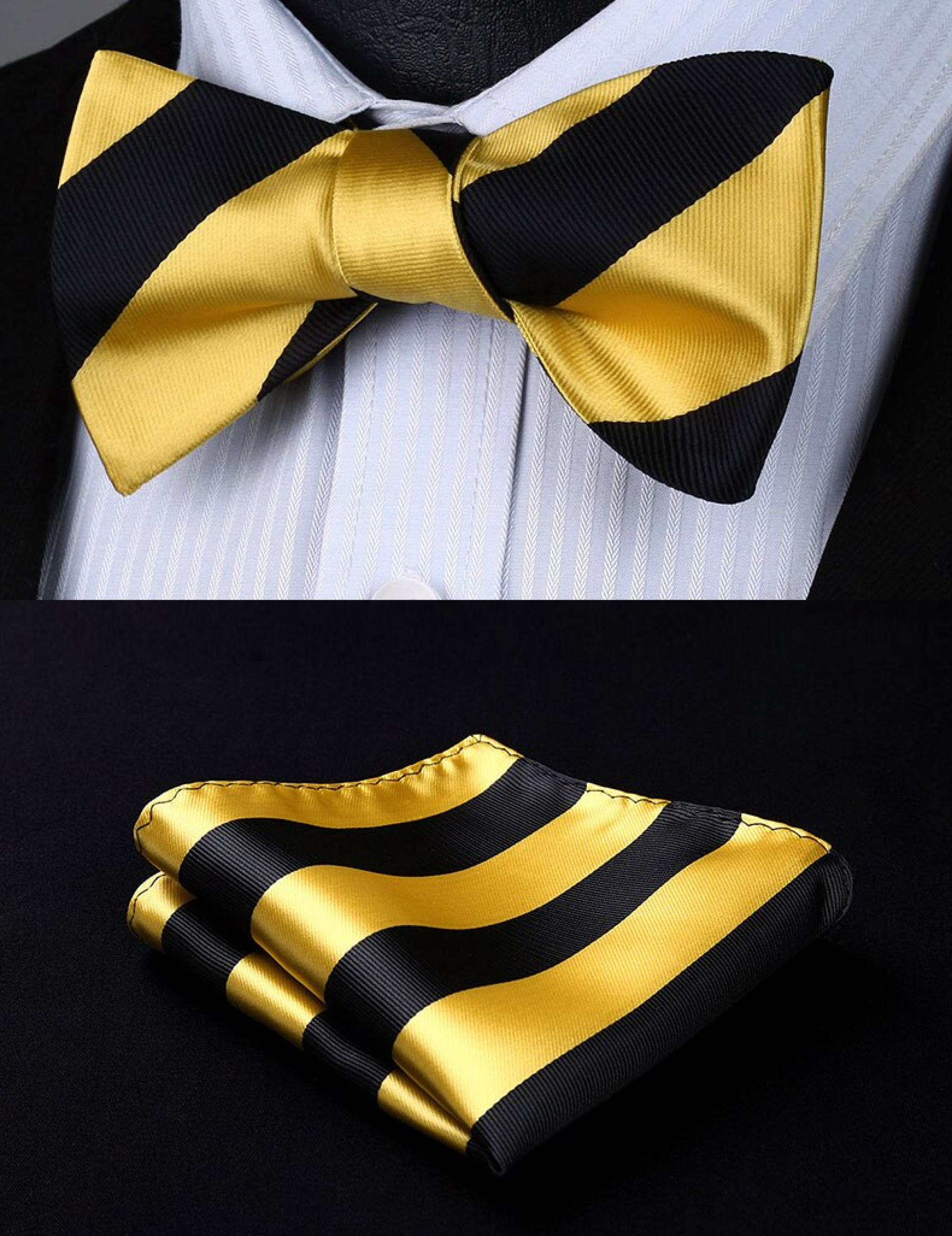 Close-up of a striped silk bow tie in vibrant blue and orange for wedding accessories