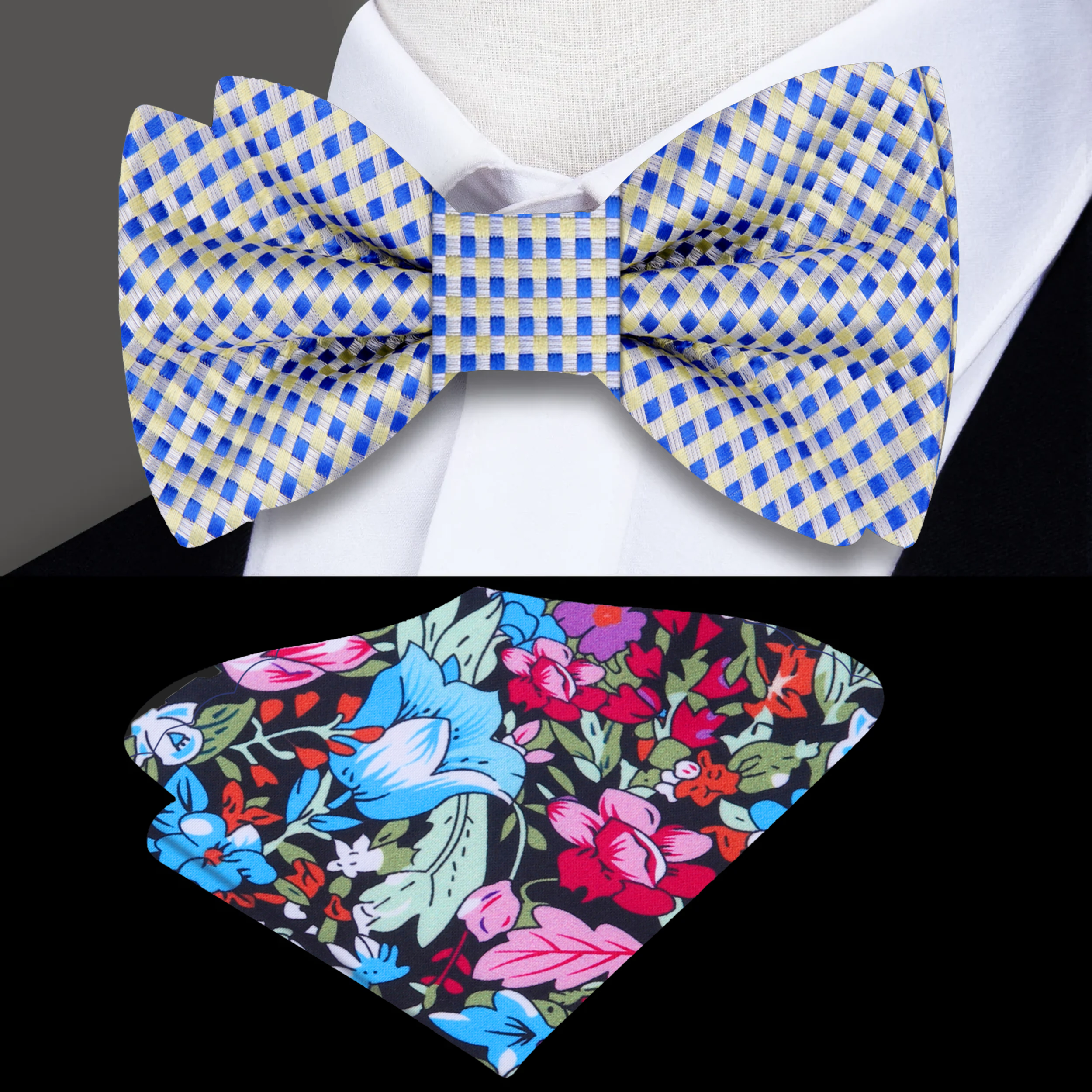 Front view of blue and yellow check bow tie on a model for formal wear