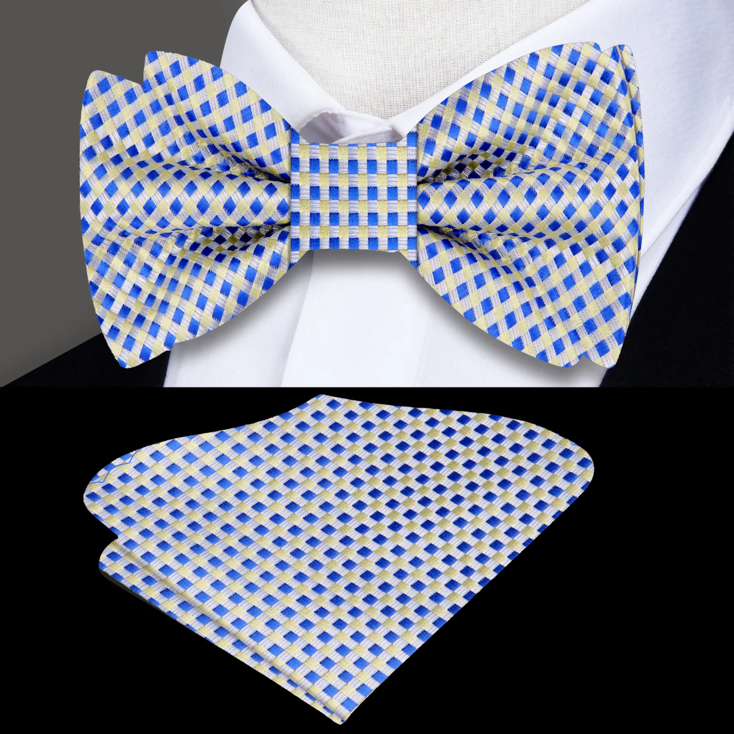 Close-up of silk fabric with small check pattern on bow tie