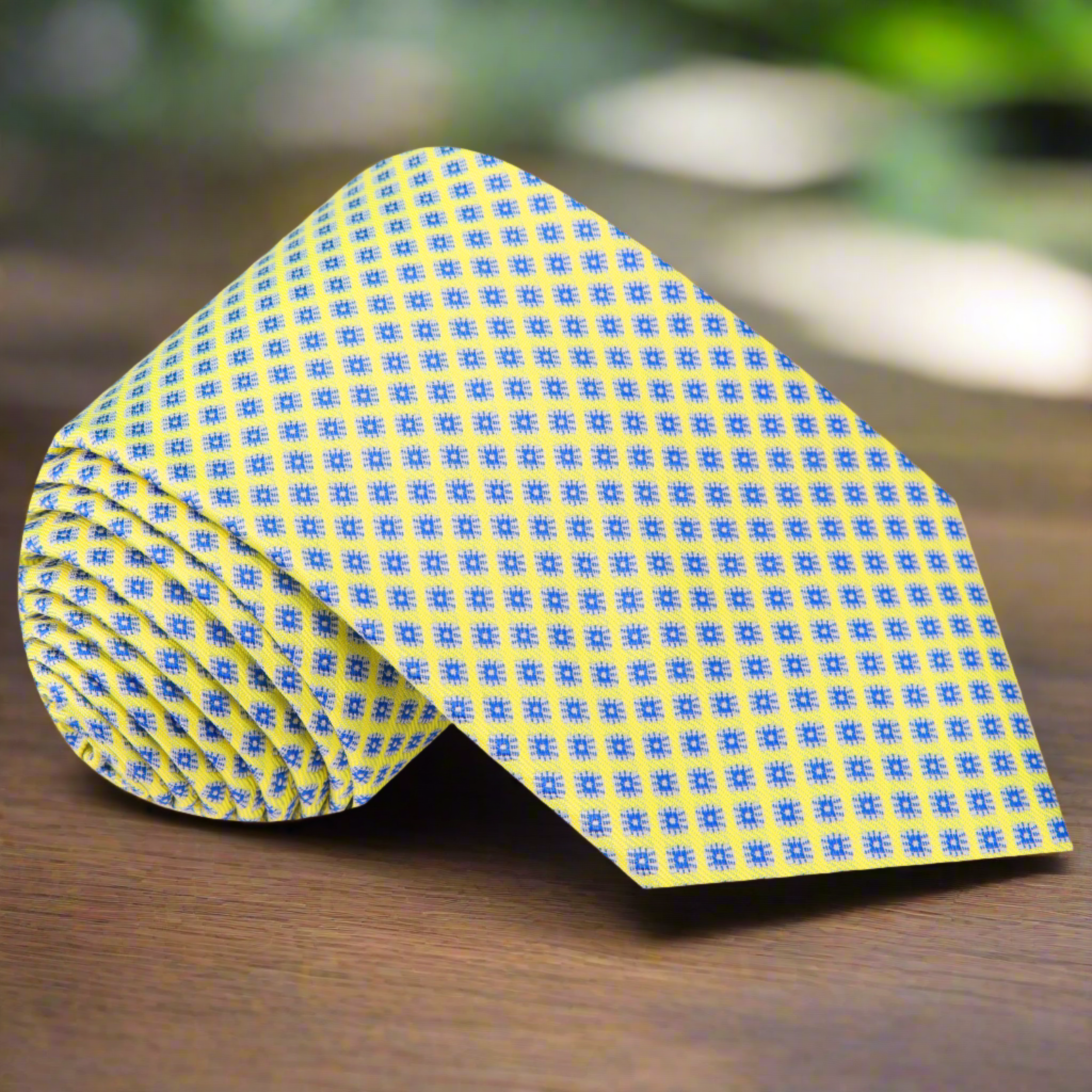 Front view of the vibrant yellow silk necktie with blue medallions, showcasing its intricate design.
