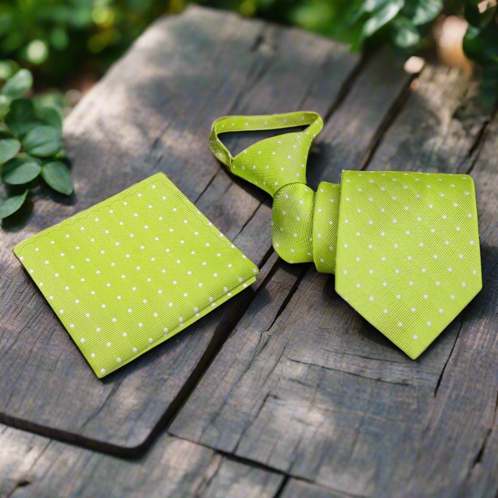 Fashionable polka dot silk tie displayed on a hanger with vibrant color options