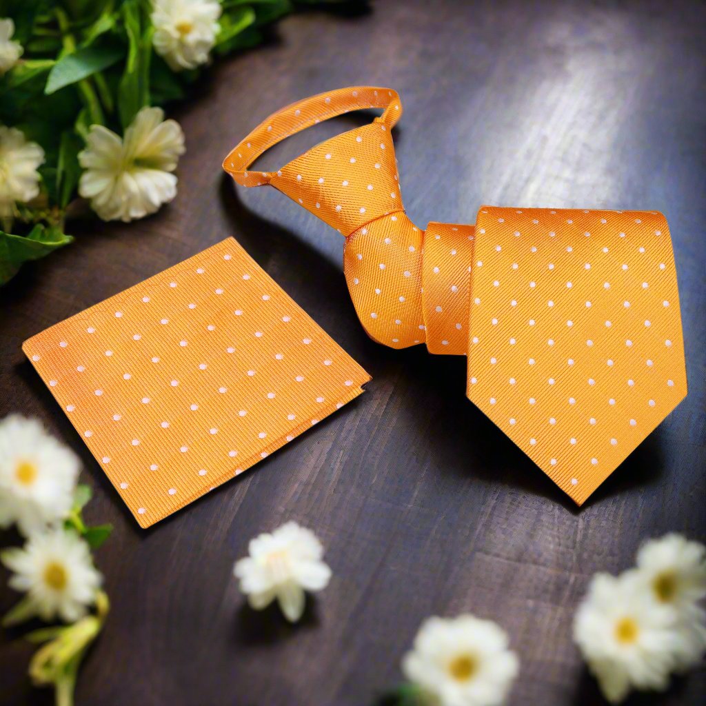 Fashionable polka dot silk tie displayed on a hanger with vibrant color options