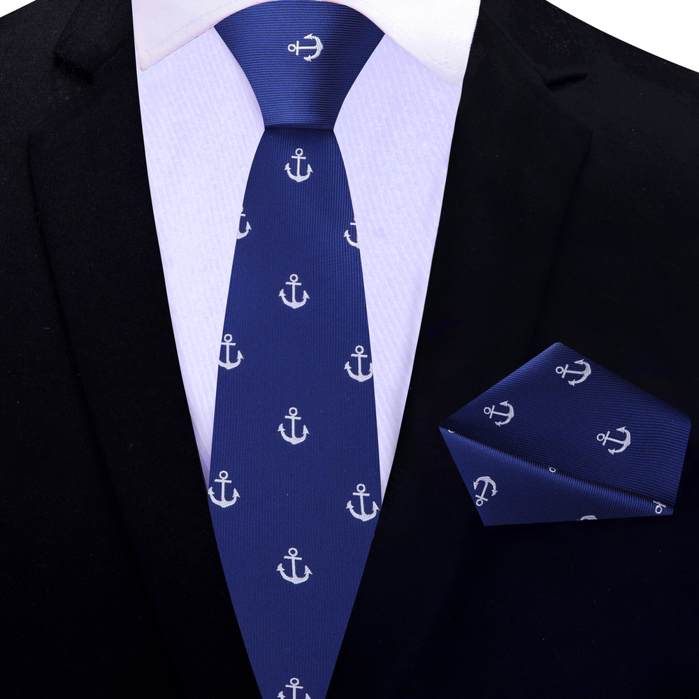 Luxury silk anchor necktie for men displayed with matching pocket square