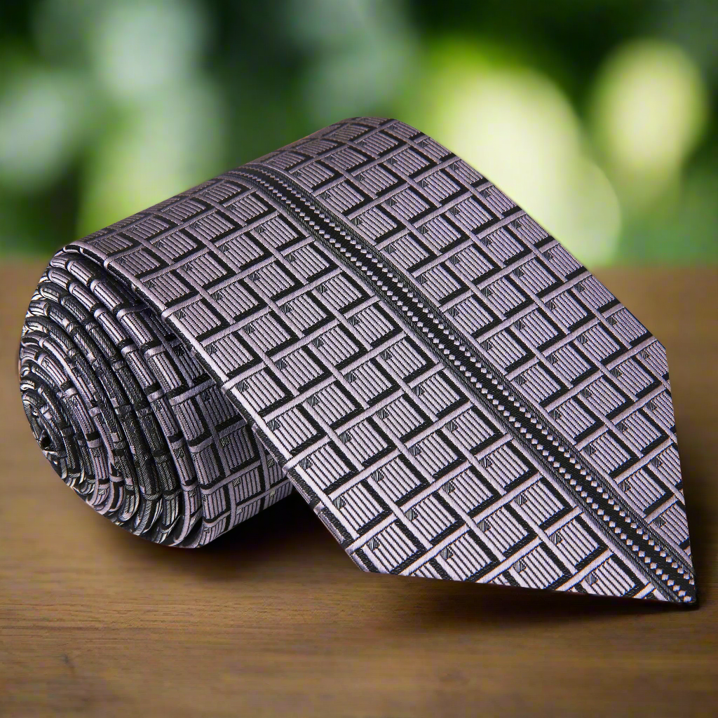 Matching silk pocket square with geometric pattern in black purple color