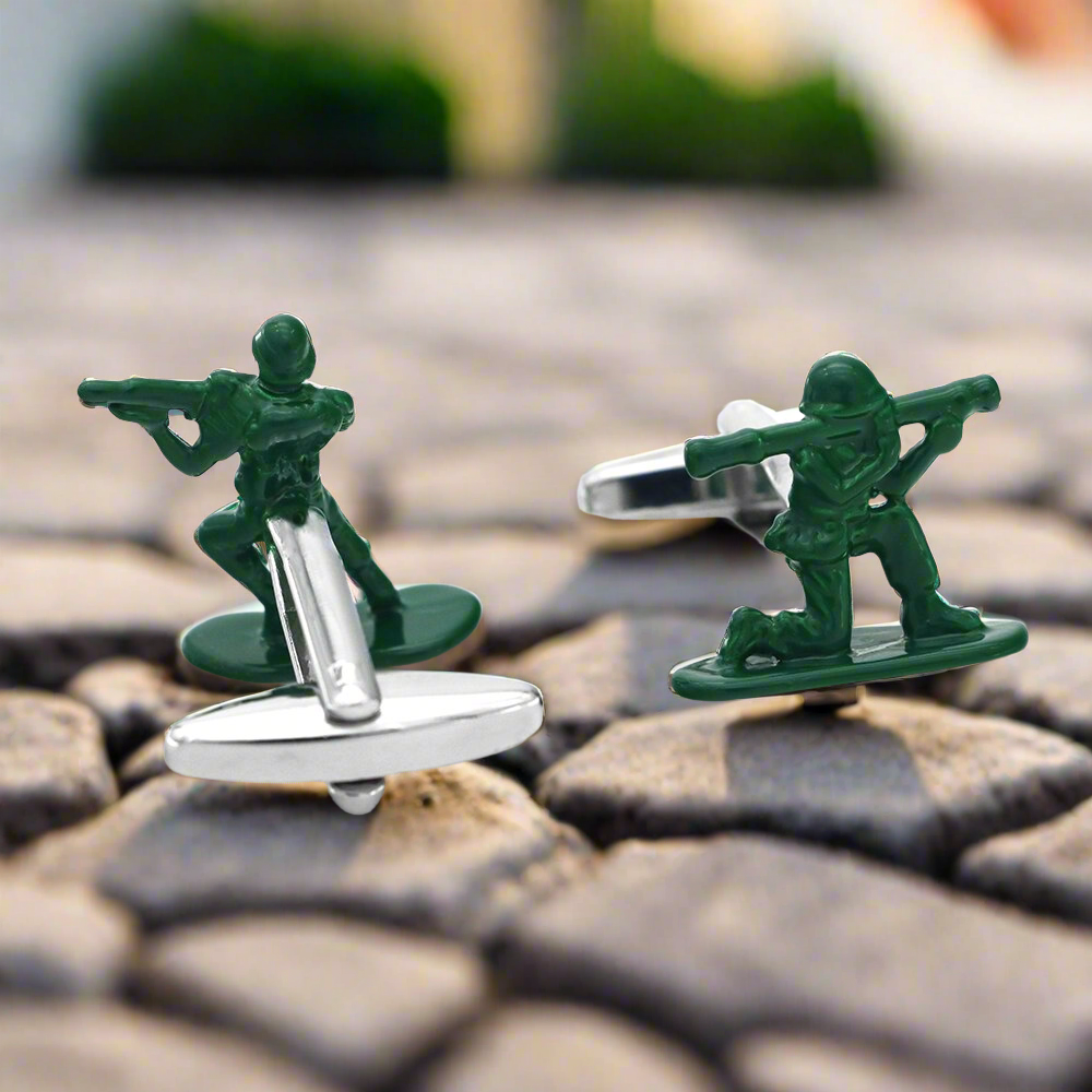 Model wearing Battlefield Army Men Cufflinks with a light blue dress shirt.