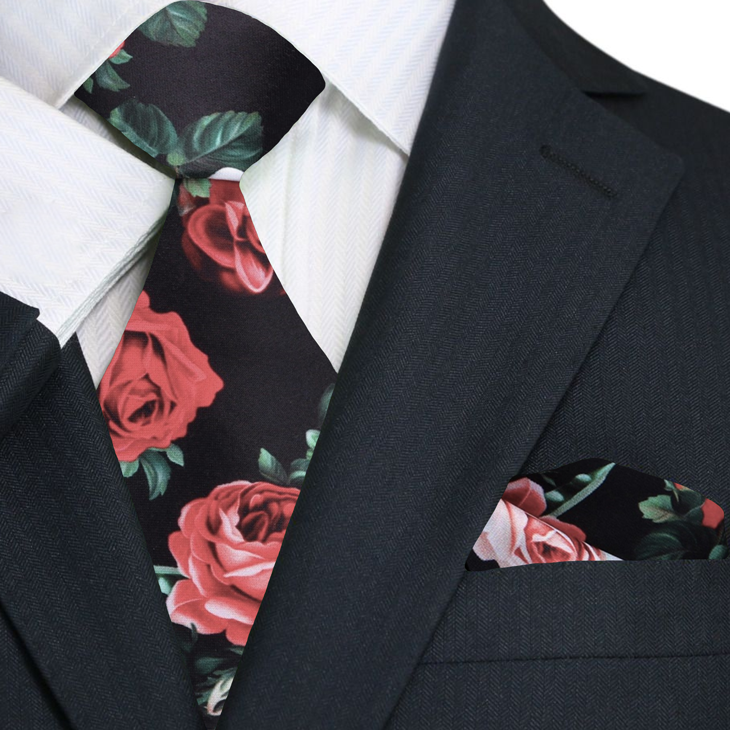 Close-up of the floral print necktie, highlighting the vibrant pink roses against a rainy day gray background.