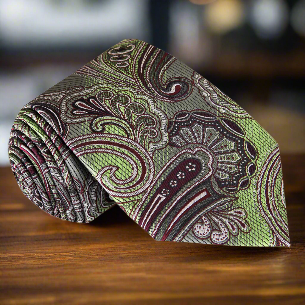 Elegant paisley silk tie in grey, green, and burgundy for formal events