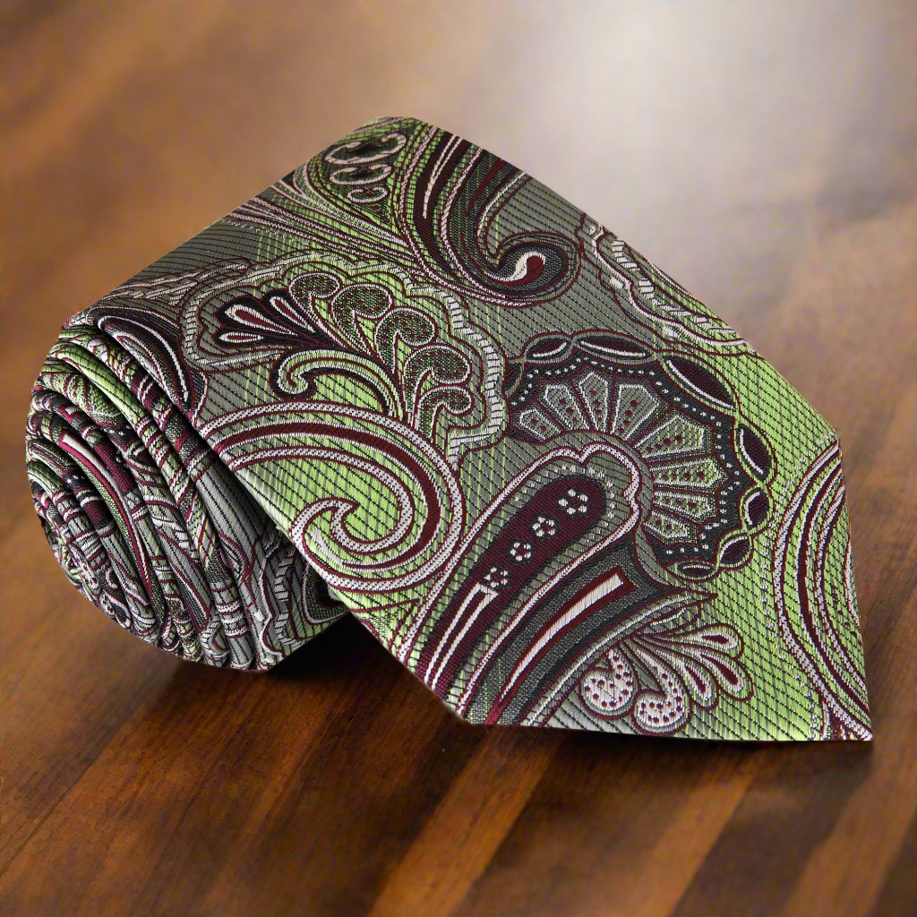 Burgundy paisley silk necktie displayed on a tailored suit, showing intricate patterns.