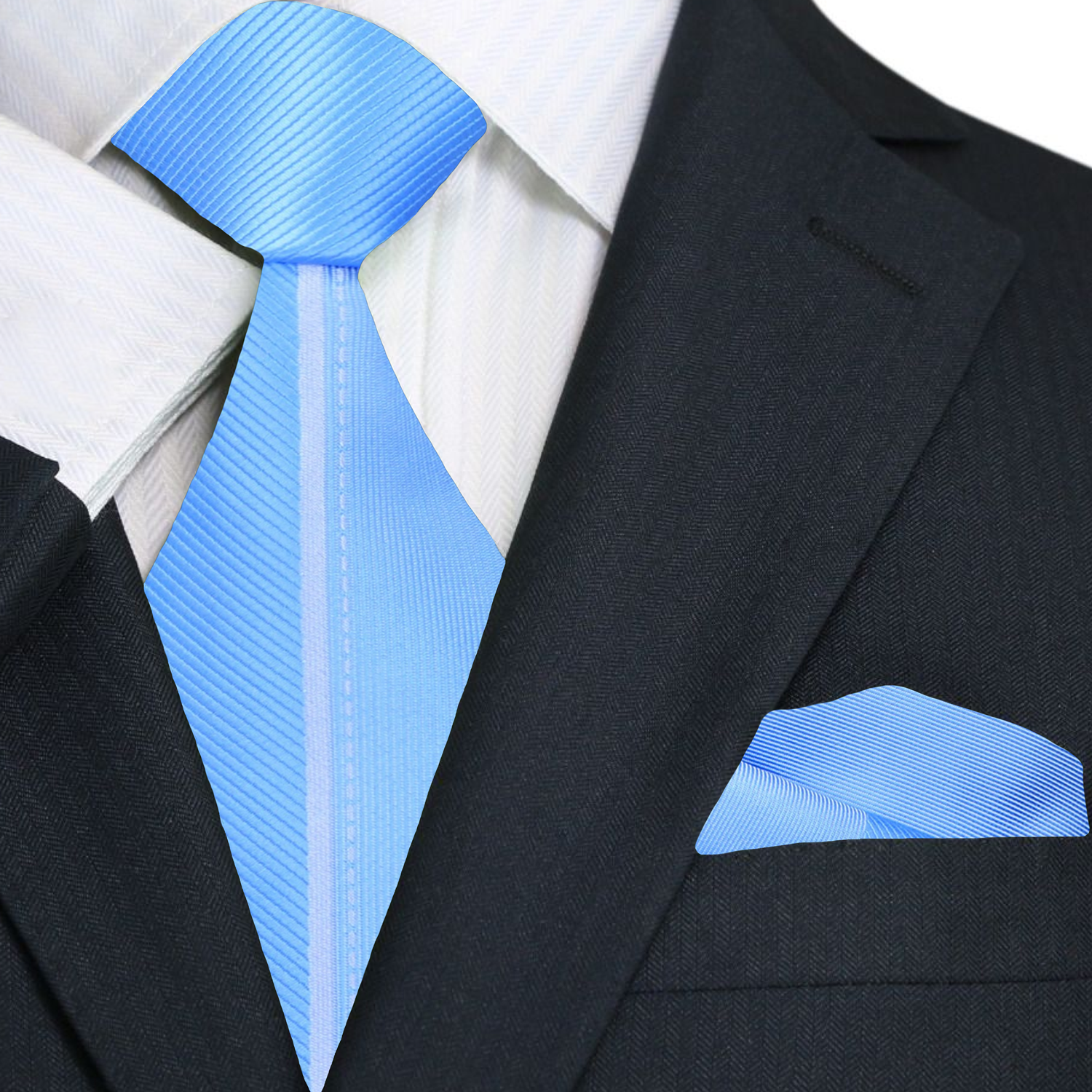Man wearing the light blue silk necktie with pocket square at a business meeting
