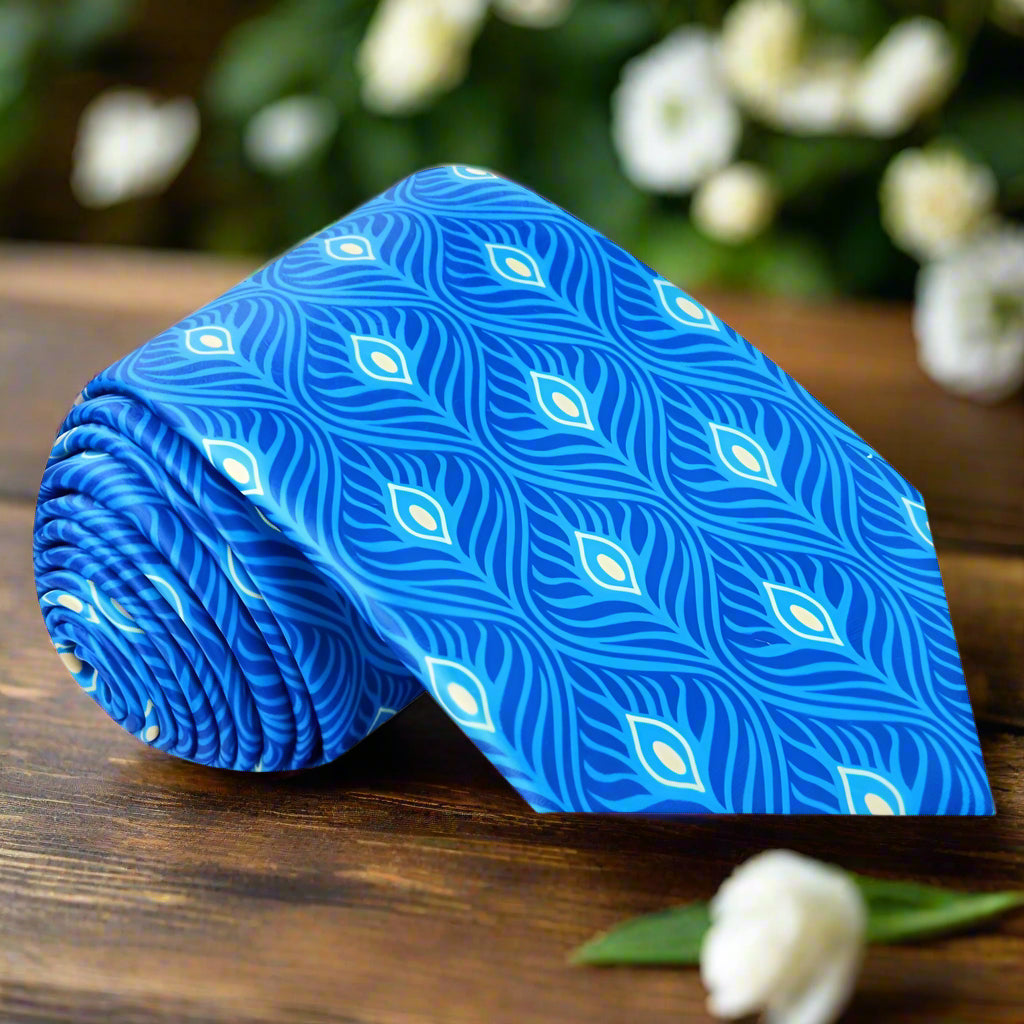 Close-up of light blue silk necktie with abstract pattern, perfect for formal wear