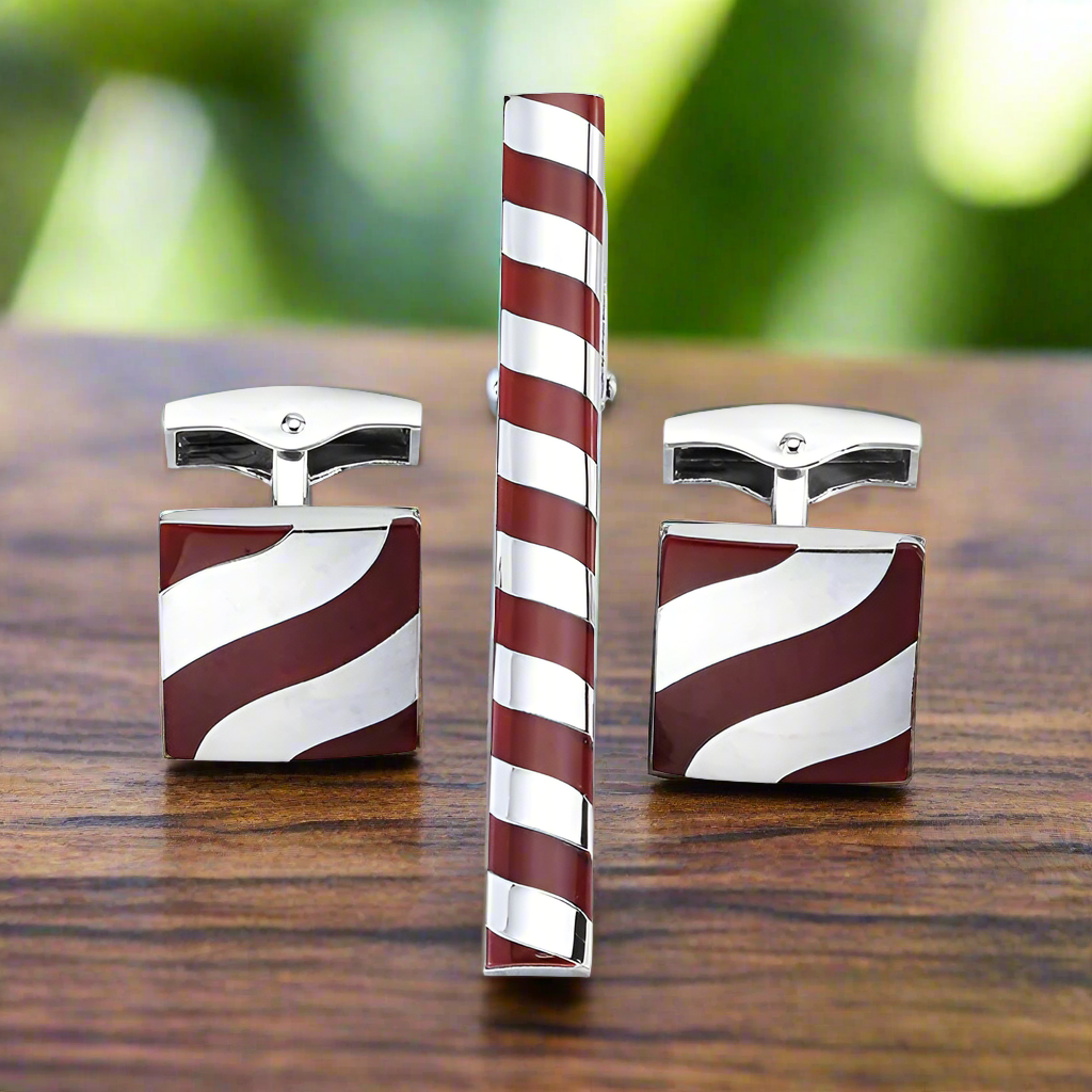 Mahogany and chrome cufflinks and tie clip set for formal occasions
