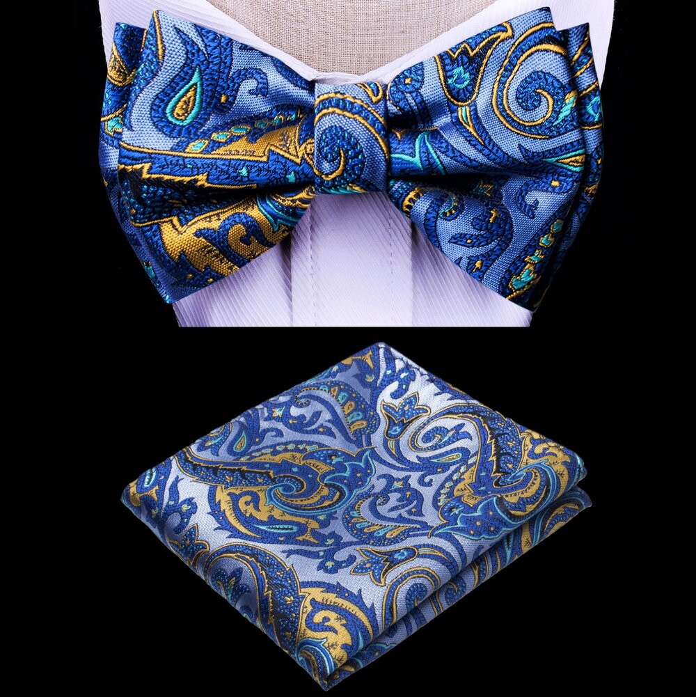 Close-up of the fabric pattern on a trendy kids fashion accessory bow tie in yellow and blue