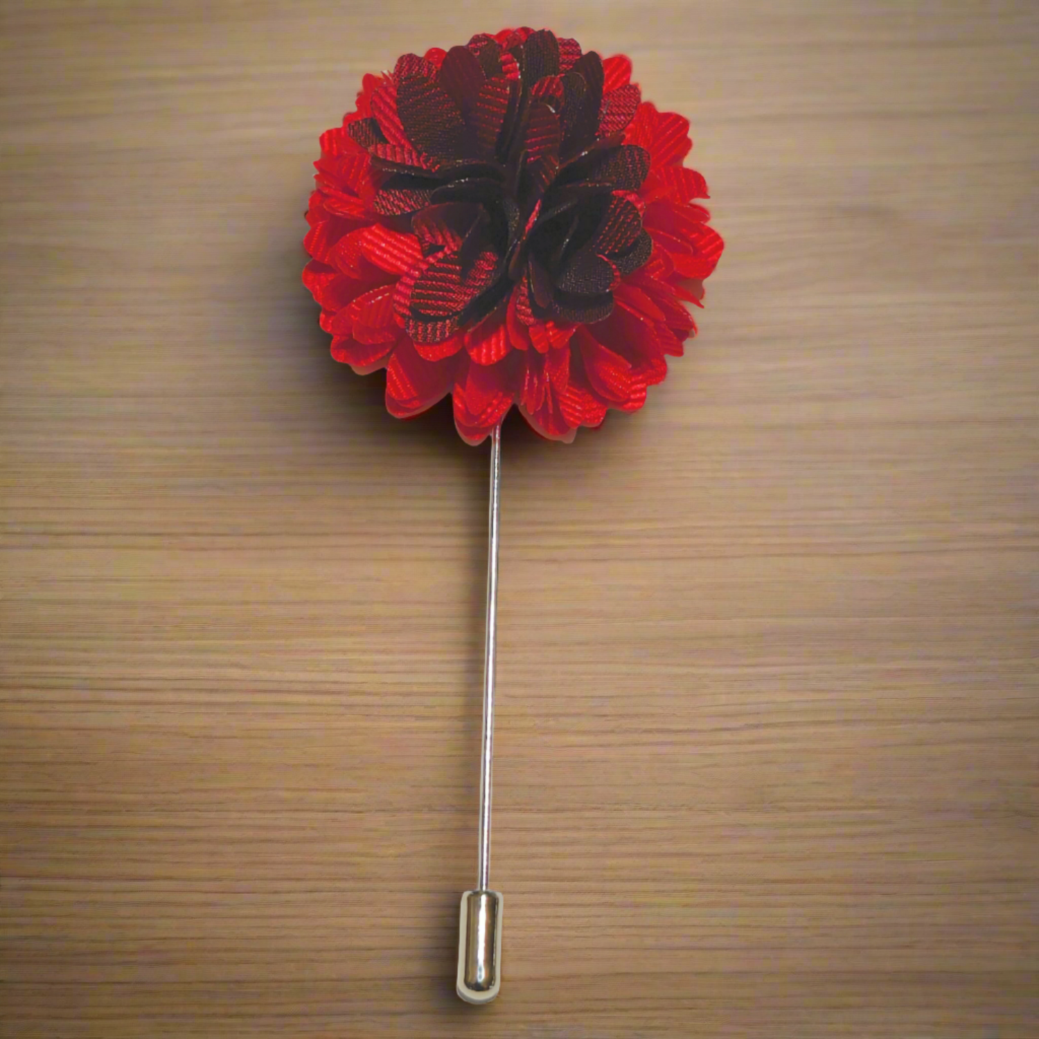Elegant burgundy flower lapel pin on suit lapel, perfect for formal events