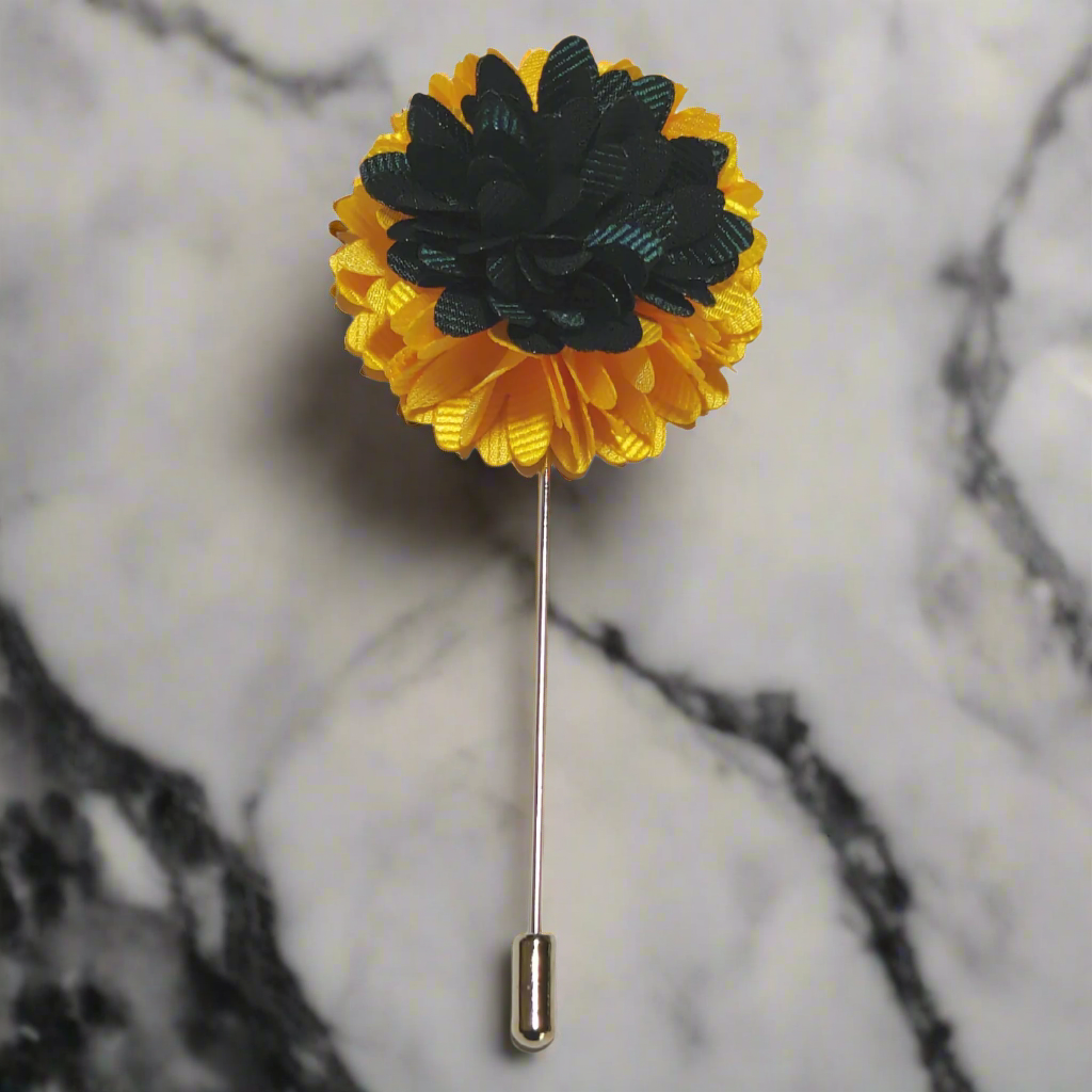 Close-up of Regal Blossom handcrafted floral lapel pin highlighting intricate details.