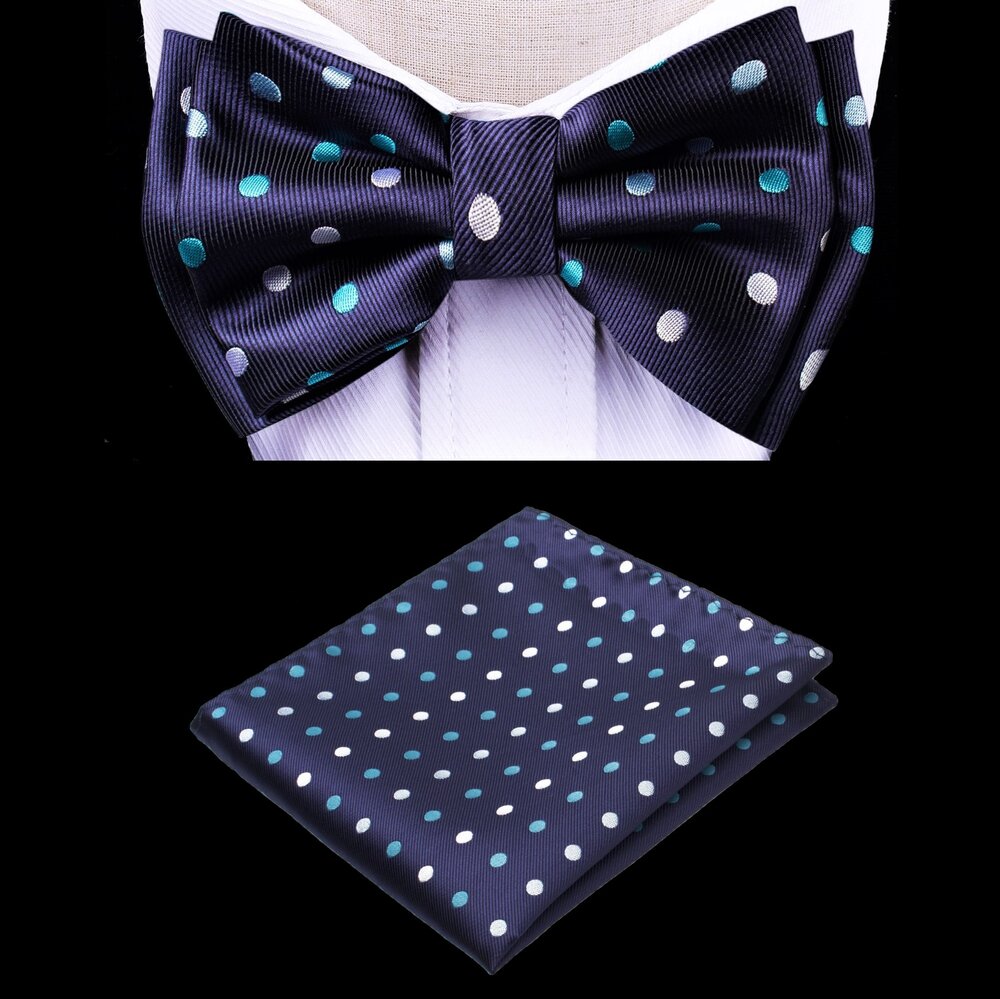 Kids wearing a blue polka dot bow tie and pocket square set for a wedding