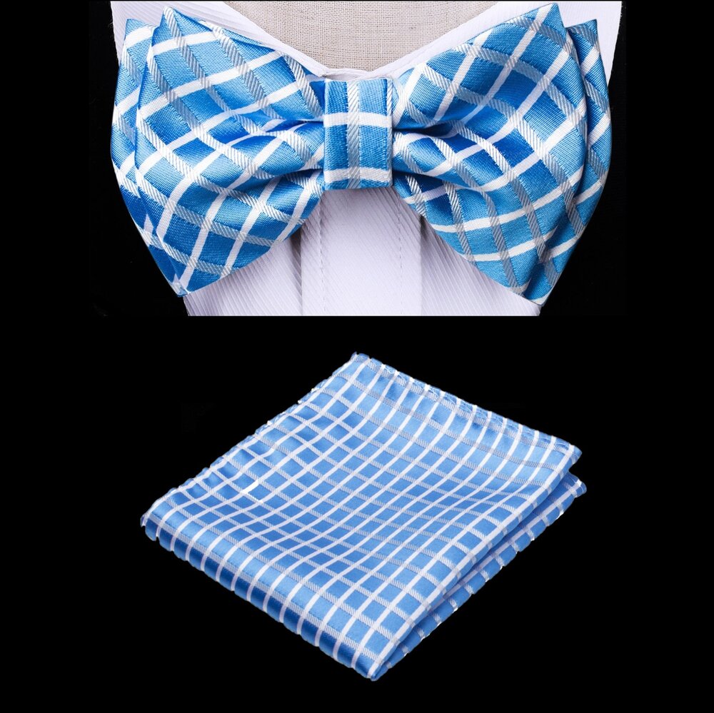 Front view of light blue kids bow tie with pocket square for weddings