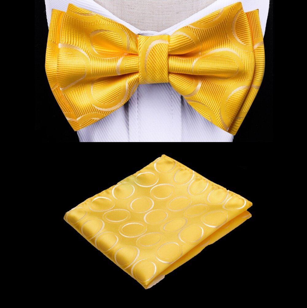 Golden rings pre-tied bow tie set displayed with matching pocket square for kids.