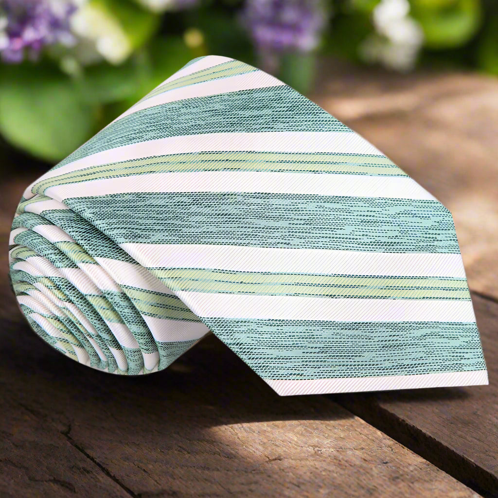 A close-up view of the Winthallow blue stripe tie, showcasing its elegant silk texture and pattern.