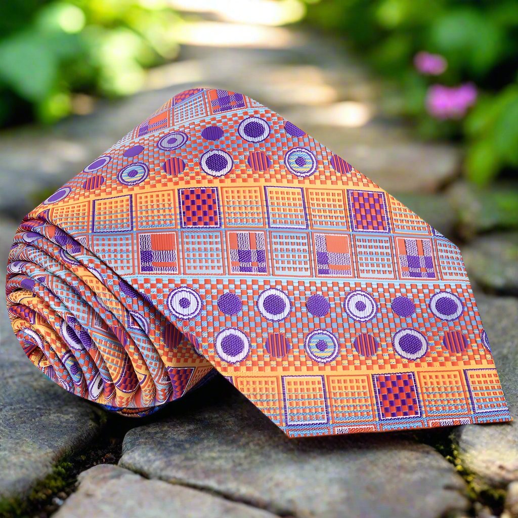 Close-up of the stylish necktie with abstract pattern showcasing orange and purple hues.