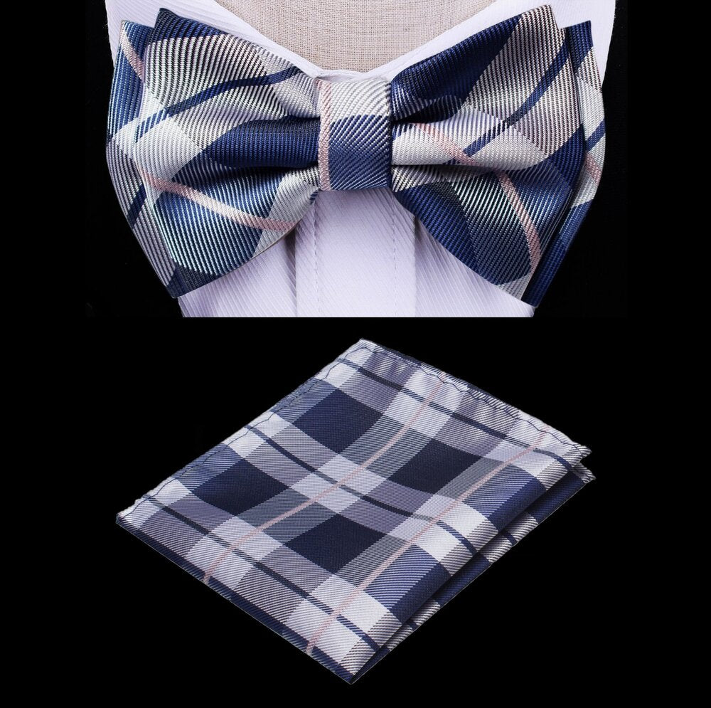 Charming kids plaid bow tie set with pocket square in vibrant blue and grey.