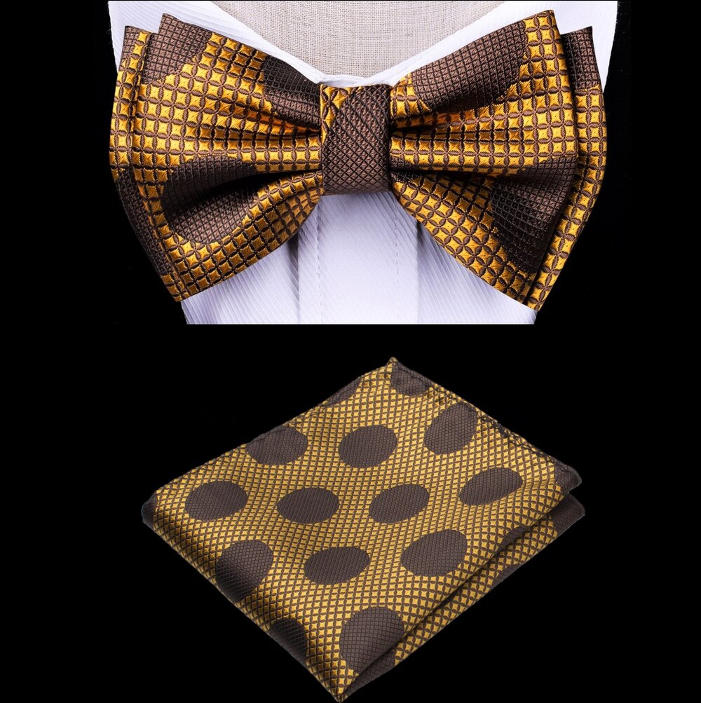 Close-up of kids bow tie in copper and brown with polka dots, perfect for formal wear