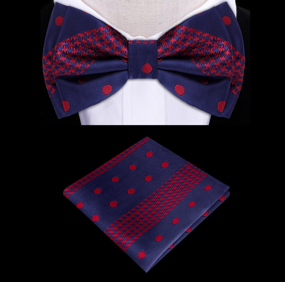 Close-up of kids bow tie with pocket square in blue and red patterns