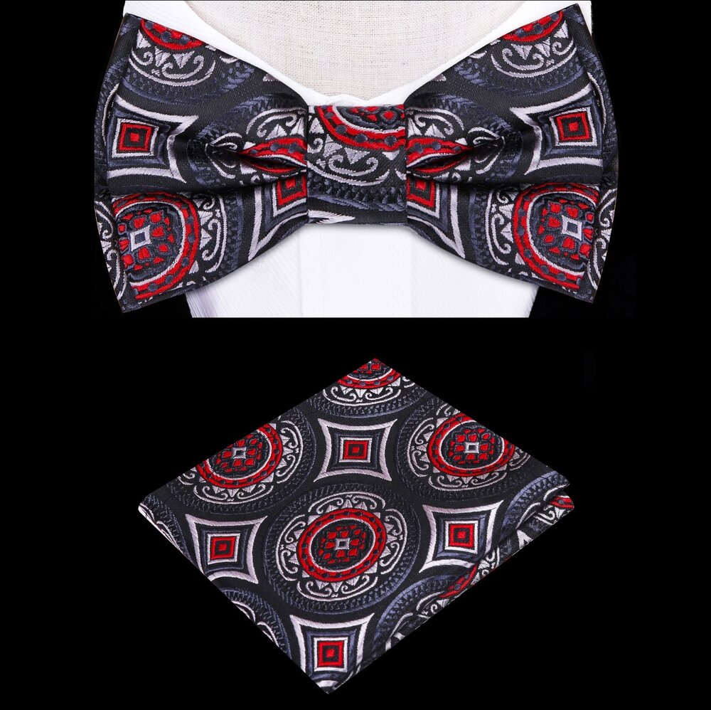 Stylish kids geometric pattern bow tie and pocket square set displayed on a wooden background.