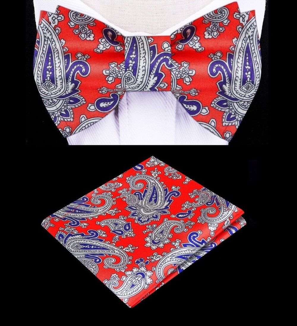Men’s accessories featuring a paisley bow tie and pocket square set for weddings