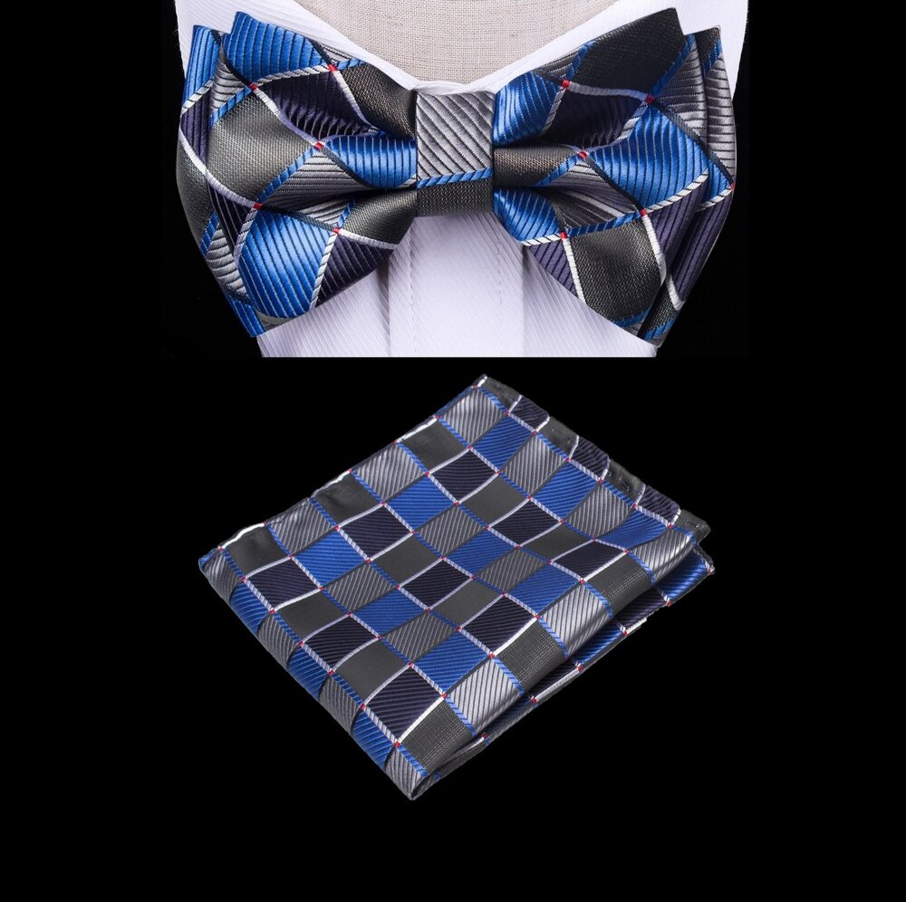 Close-up of kids bow tie with geometric check pattern in black and blue