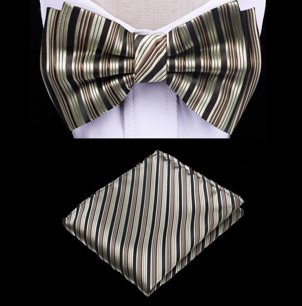 Front view of pre-tied bow tie and pocket square set in brown, gold, and black stripes for kids accessories