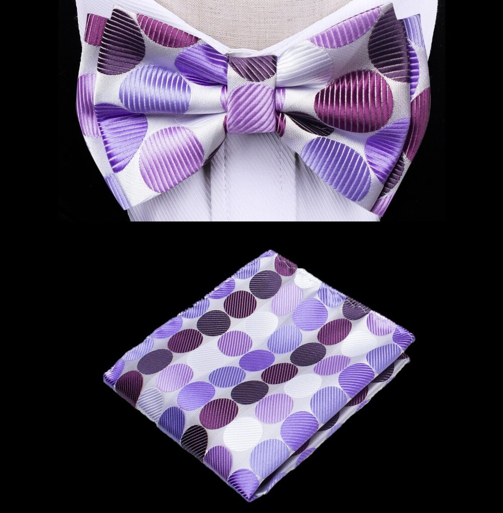 Front view of the kids pastel bow tie set showcasing the large polka dots.
