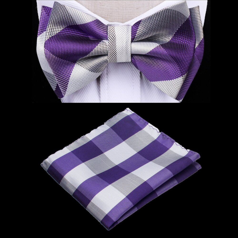 Close-up of kids plaid bow tie and pocket square set for ages 0-11