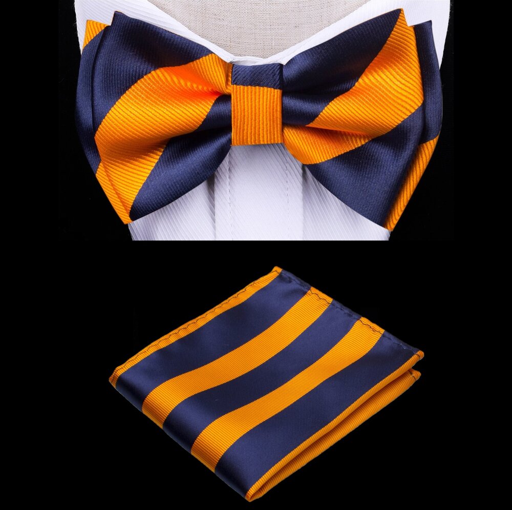 Close-up of kids stripe pattern bow tie and matching pocket square in vibrant blue and orange