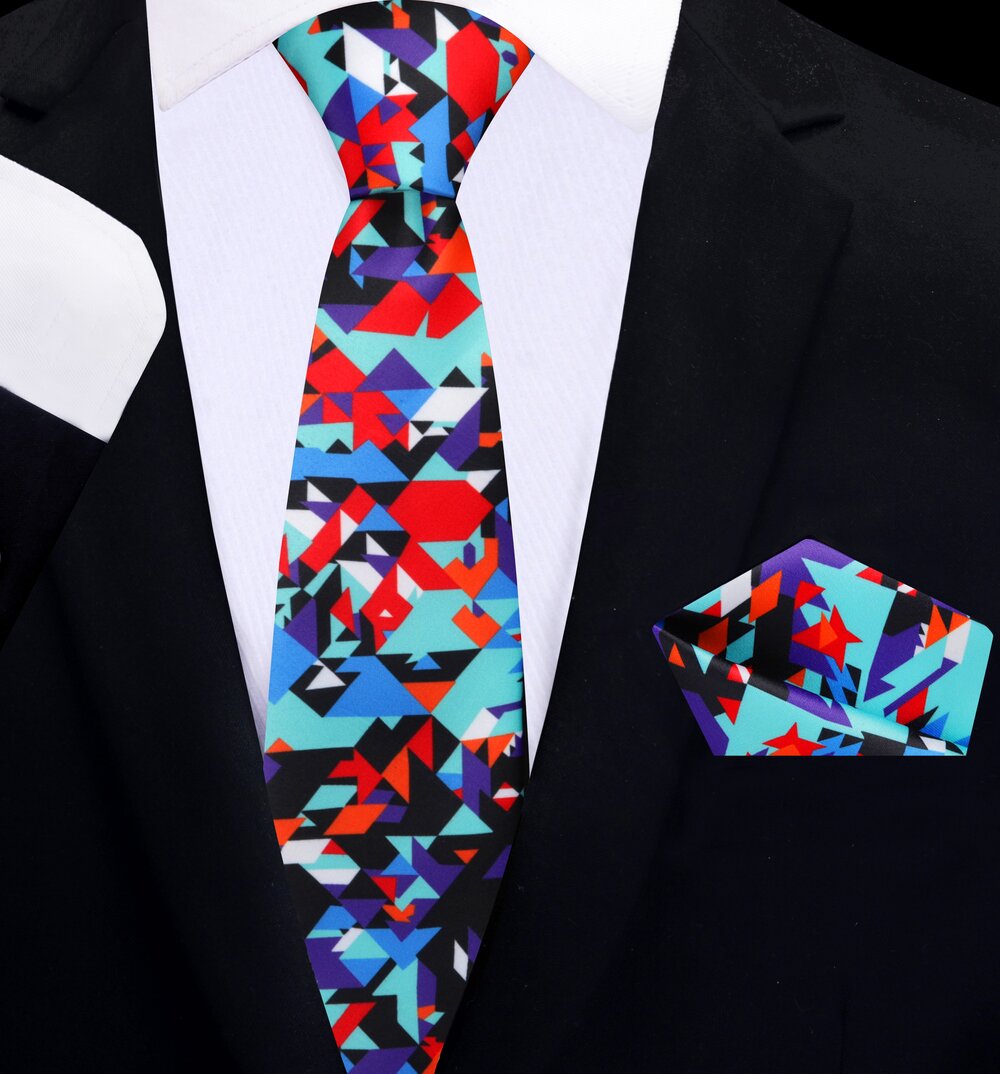 Close-up of vibrant digital pixel silk necktie showcasing blue, red, and purple colors.