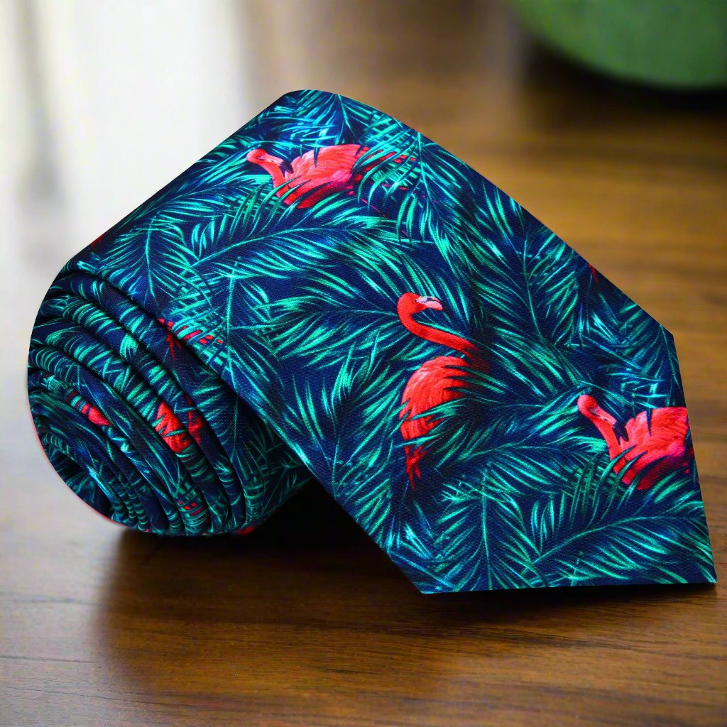 Close-up of colorful flamingo and jungle leaves silk tie for men