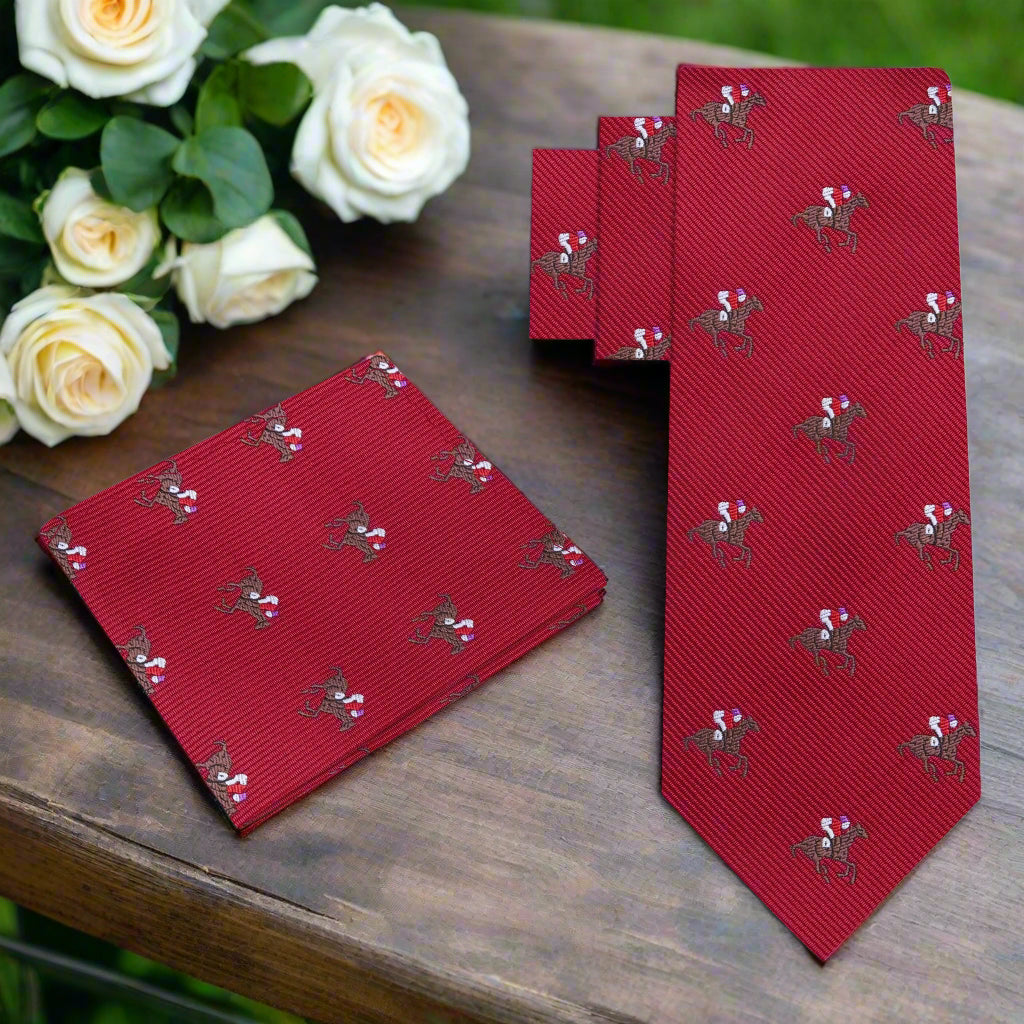Thoroughbred silk necktie displayed on a white dress shirt, showcasing the vibrant horse race pattern.