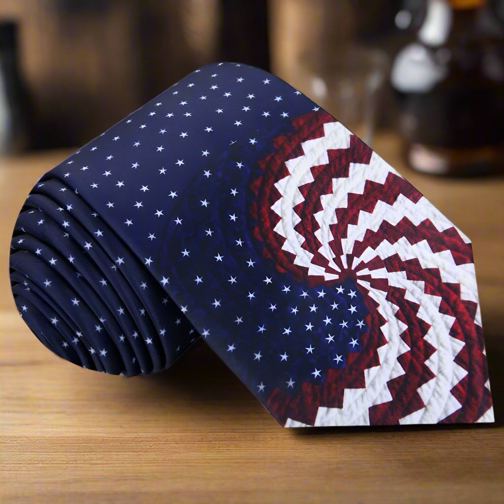 Close-up of the swirl necktie with American flag design, showcasing vibrant colors and pattern.