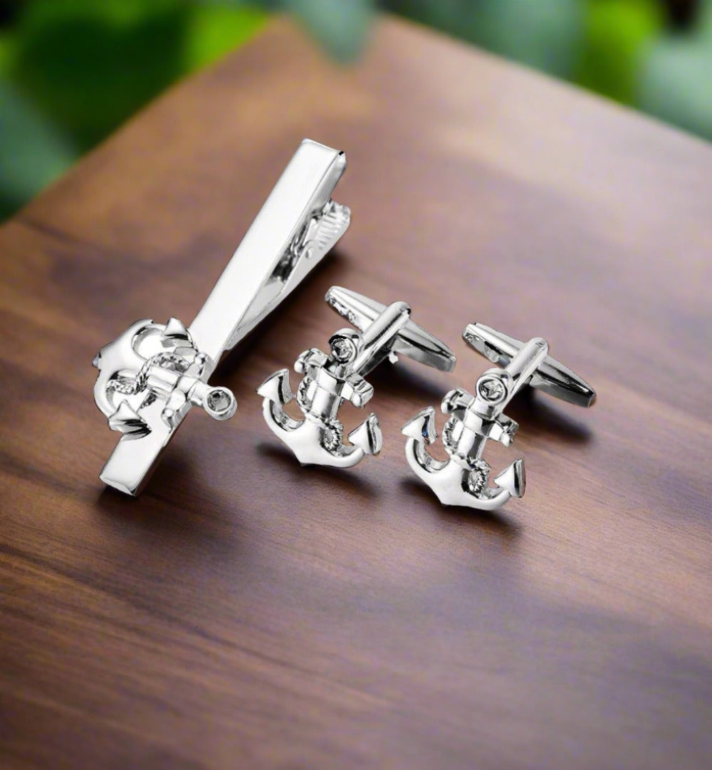 Chrome boat anchor cufflinks with detailed anchor design, perfect for nautical-themed formal wear