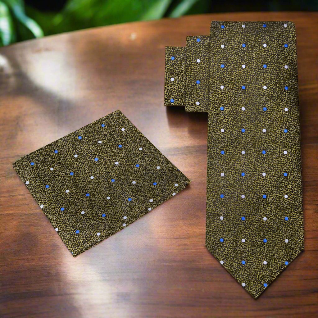 Polka dot tie displayed alongside matching pocket square, designed for formal ties for business meetings