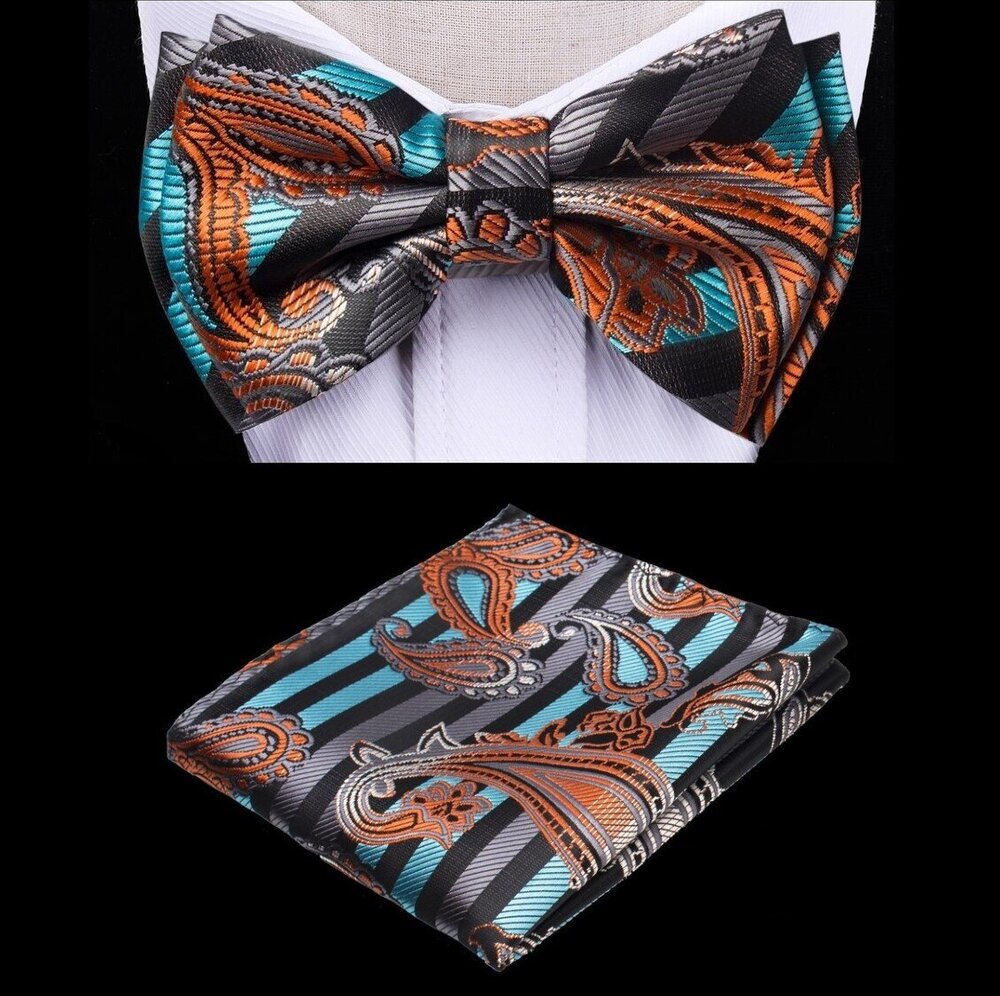 Close-up of kids aqua sunset bow tie with stripe and paisley pattern in vibrant teal, black, and copper